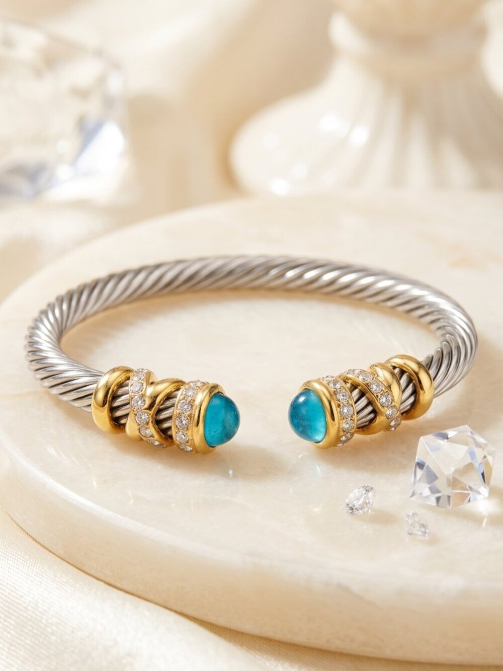 Two-Tone 18K Gold Plated Cable Cuff Mixed Metals Bracelet Turquoise Crystals - Picture 10 of 12